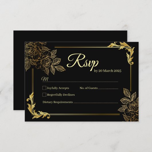 Elegant Black and Gold Wedding  出欠カード (正面/裏面)