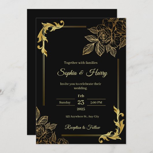 Elegant Black and Gold Wedding 招待状 (正面/裏面)