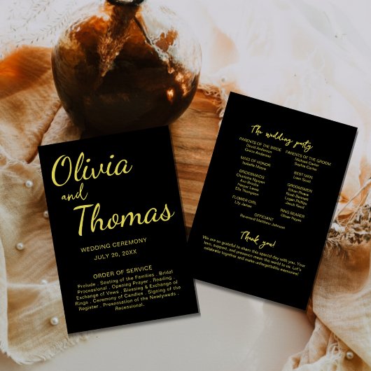 Elegant Black and Gold Wedding Ceremony Program  プログラム