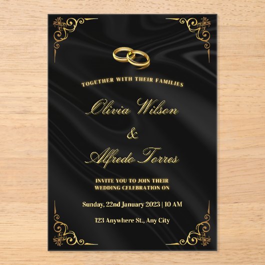 Elegant Black and Gold Wedding Invitation アクリル招待状 (正面)