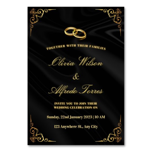 Elegant Black and Gold Wedding Invitation テーブルナンバー (正面)