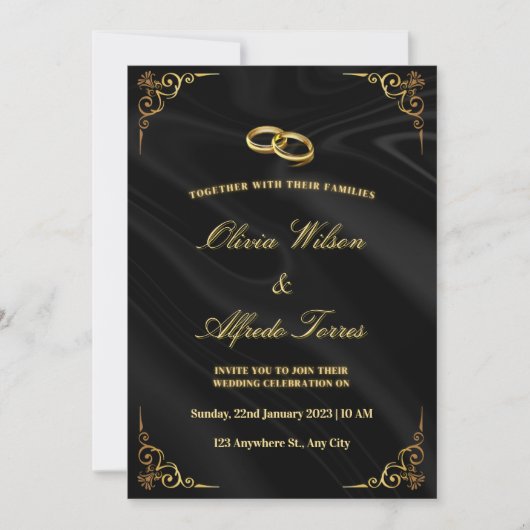 Elegant Black and Gold Wedding Invitation 招待状 (正面)