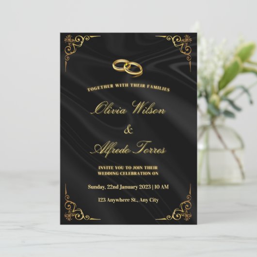 Elegant Black and Gold Wedding Invitation 招待状 (スタンド正面)