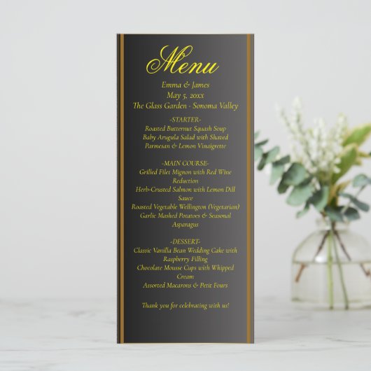 Elegant Black and Gold Wedding Menu メニュー (スタンド正面)