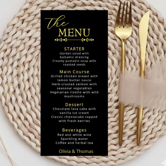 Elegant Black and Gold Wedding Menu Card メニュー