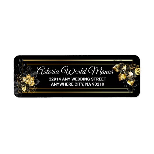 Elegant black and gold wedding return address ラベル (正面)