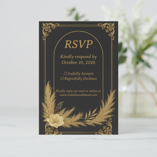 Elegant Black and Gold Wedding RSVP Card (スタンド正面)