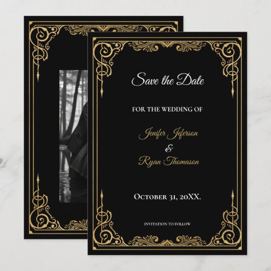 Elegant black and gold wedding save the date 案内状 (正面/裏面)