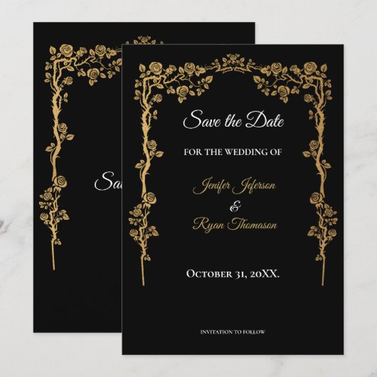 Elegant black and gold wedding save the date 案内状 (正面/裏面)