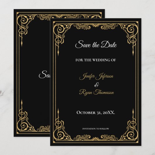 Elegant black and gold wedding save the date 案内状 (正面/裏面)