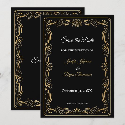 Elegant black and gold wedding save the date 案内状 (正面/裏面)