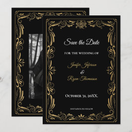 Elegant black and gold wedding save the date 案内状
