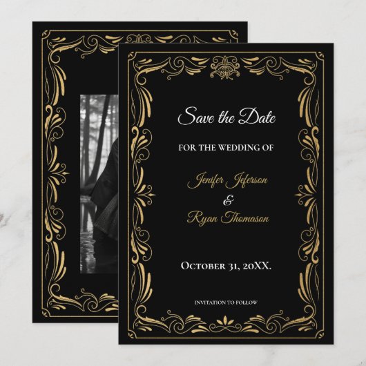 Elegant black and gold wedding save the date 案内状 (正面/裏面)