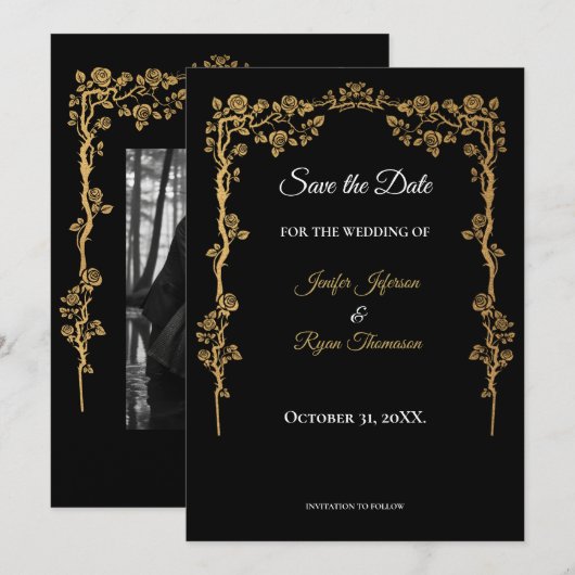 Elegant black and gold wedding save the date 案内状 (正面/裏面)