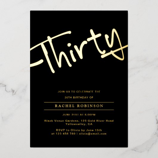 Elegant Black and Golden Script 30TH Birthday Gold 箔招待状 (正面)