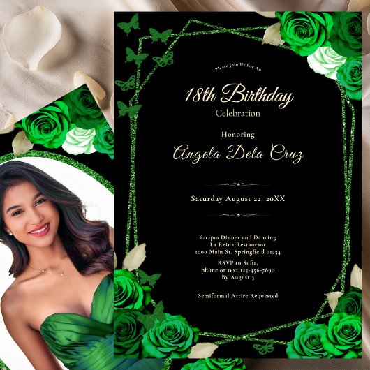 Elegant Black and Green Rose 18th Birthday Debut  招待状