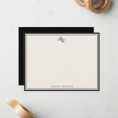 Elegant Black and Ivory Monogram Two Border ノートカード (正面/裏面インサイチュ)