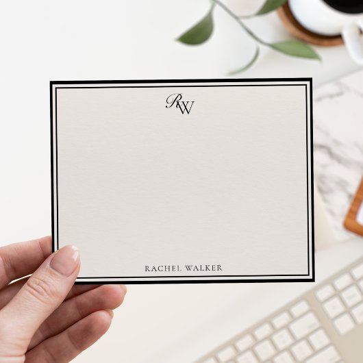 Elegant Black and Ivory Monogram Two Border ノートカード
