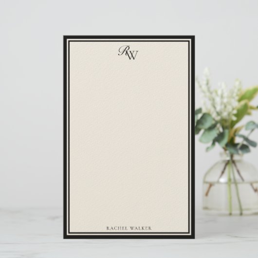 Elegant Black and Ivory Monogram Two Border 便箋 (スタンド正面)
