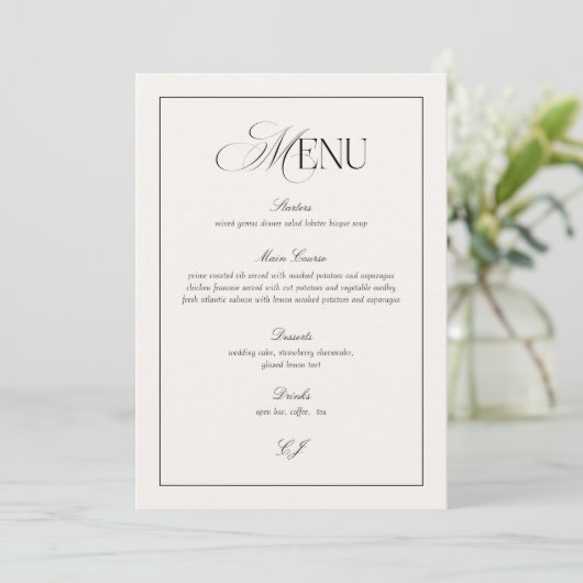 Elegant Black and Ivory Wedding Menu Card 招待状 (スタンド正面)