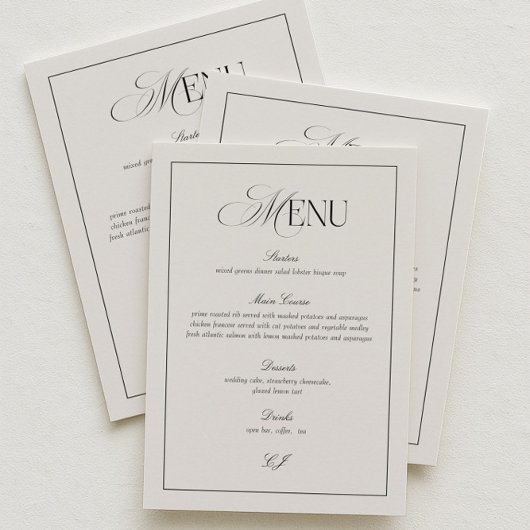 Elegant Black and Ivory Wedding Menu Card 招待状