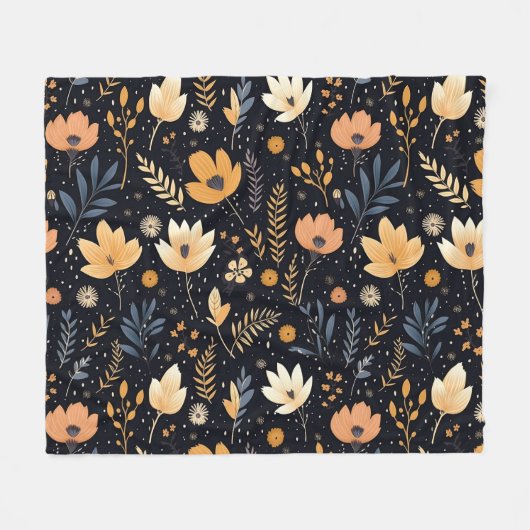 Elegant Black and Peach Boho Floral フリースブランケット (正面(横))