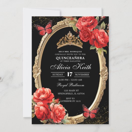 Elegant Black and Red Roses Gold Quinceanera 招待状 (正面)