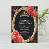 Elegant Black and Red Roses Gold Quinceanera 招待状 (スタンド正面)