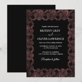 Elegant Black and Rose Gold Floral Lace Wedding  招待状