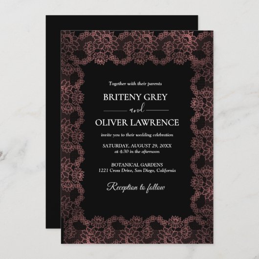 Elegant Black and Rose Gold Floral Lace Wedding  招待状 (正面/裏面)