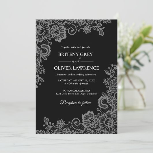 Elegant Black and Silver Floral Lace Wedding  招待状 (スタンド正面)