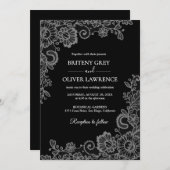Elegant Black and Silver Floral Lace Wedding  招待状 (正面/裏面)
