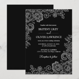 Elegant Black and Silver Floral Lace Wedding  招待状