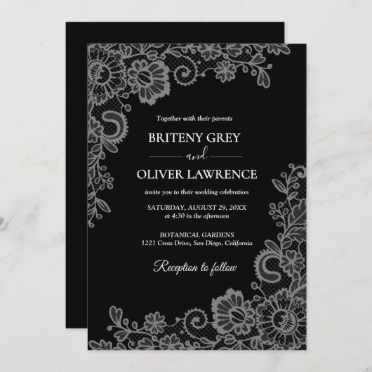 Elegant Black and Silver Floral Lace Wedding  招待状 (正面/裏面)