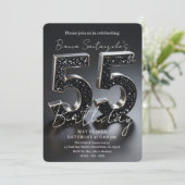 Elegant Black And Silver Glitter 55th Birthday 招待状 (スタンド正面)