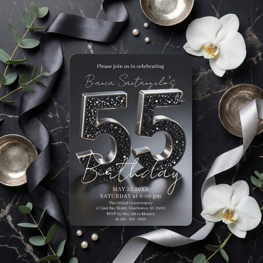 Elegant Black And Silver Glitter 55th Birthday 招待状