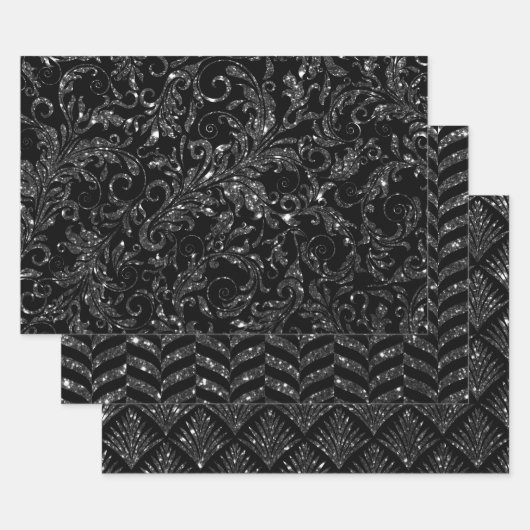 Elegant Black and Silver Glitter Patterns ラッピングペーパーシート (セット)