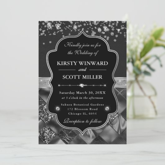 Elegant Black and Silver with Diamonds Wedding 招待状 (スタンド正面)