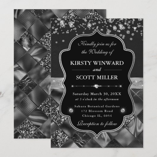 Elegant Black and Silver with Diamonds Wedding 招待状 (正面/裏面)