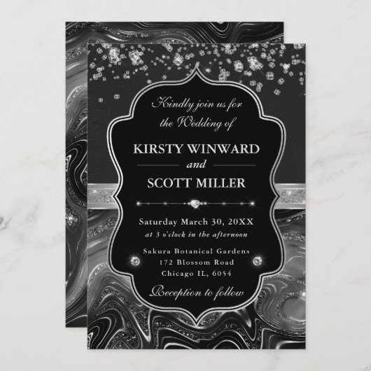 Elegant Black and Silver with Diamonds Wedding 招待状 (正面/裏面)