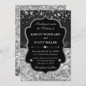 Elegant Black and Silver with Diamonds Wedding 招待状 (正面/裏面)