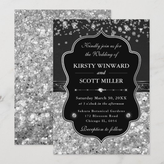 Elegant Black and Silver with Diamonds Wedding 招待状 (正面/裏面)