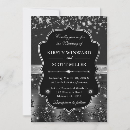 Elegant Black and Silver with Diamonds Wedding 招待状 (正面)