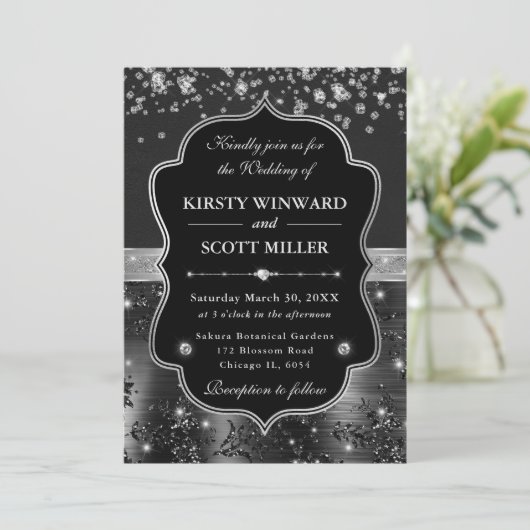 Elegant Black and Silver with Diamonds Wedding 招待状 (スタンド正面)