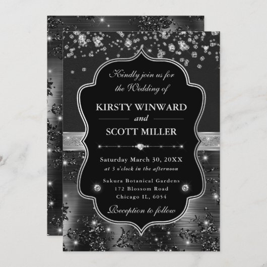 Elegant Black and Silver with Diamonds Wedding 招待状 (正面/裏面)