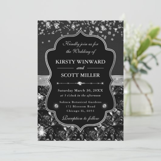 Elegant Black and Silver with Diamonds Wedding 招待状 (スタンド正面)