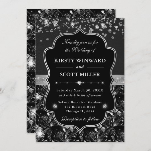 Elegant Black and Silver with Diamonds Wedding 招待状 (正面/裏面)