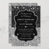 Elegant Black and Silver with Diamonds Wedding 招待状 (正面/裏面)