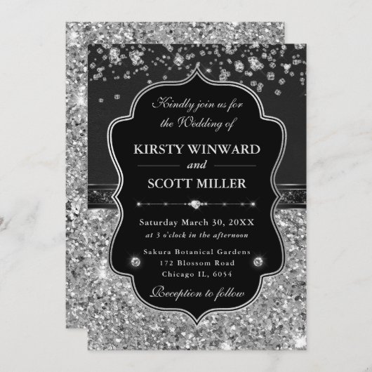 Elegant Black and Silver with Diamonds Wedding 招待状 (正面/裏面)