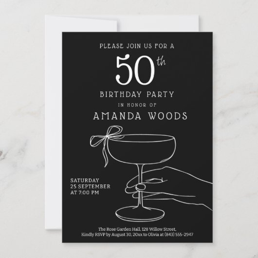 Elegant Black and White 50th Birthday Party Card 招待状 (正面)